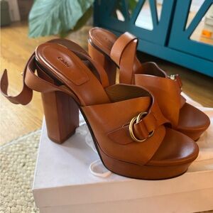 NEW Chloé Cognac Leather Buckle Platform Heels — Size 40